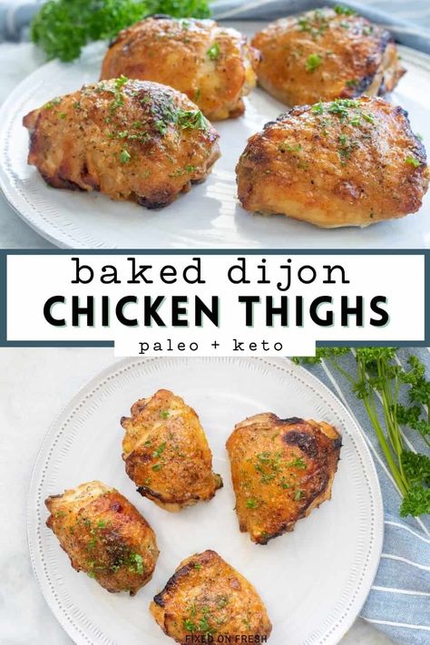 Honey Dijon Chicken Thighs, Baked Honey Dijon Chicken, Paleo Chicken Thighs, Dijon Chicken Thighs, Baked Bone In Chicken, Dijon Mustard Chicken, Honey Mustard Chicken Thighs, Keto Chicken Thighs, Mustard Chicken Thighs