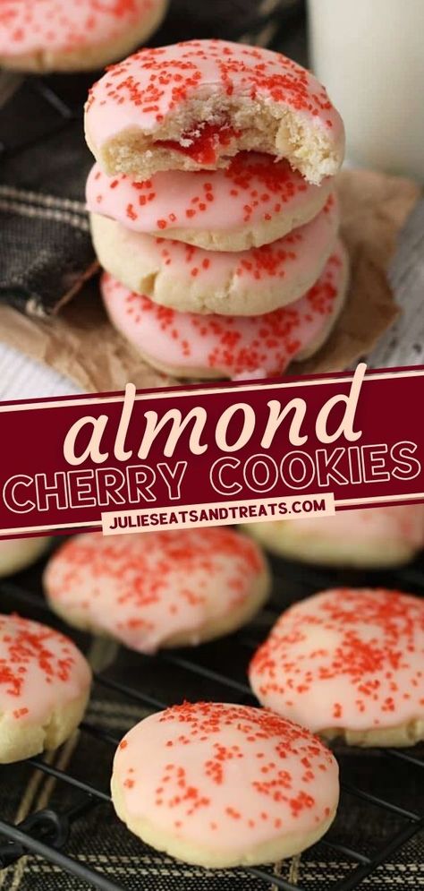 No one can pass up these festive holiday treats at a cookie exchange! A delightful surprise awaits as you bite into these soft, delicious cookies loaded with almond. Topped with a sweet cherry glaze, this easy Christmas dessert will have you swooning! Happy baking! Almond Cherry Cookies, Cherry Cookies Recipes, Cherry Frosting, Cookie Glaze, Christmas Cookies Recipes, Almond Cookie, Almond Meal Cookies, Cherry Cookies, Almond Cookies