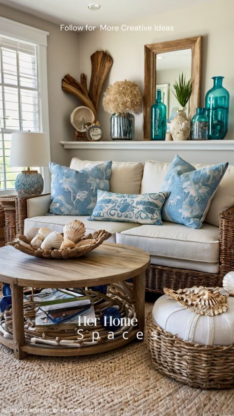 15 Beach Cottage Decor Ideas Full of Coastal Charm - Her Home Spaces Seaside Cottage Interior, Beach Decor Ideas, Seaside Cottage Decor, Key West Decor, Cozy Beach Cottage, Blue Beach House, Coastal Cottage Decorating, Coastal Patio, Nantucket Home