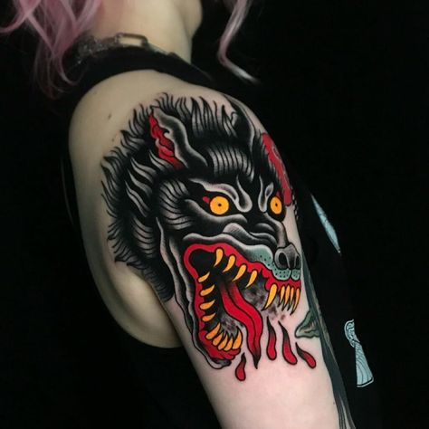 Monster Tattoo Designs, Monster Tattoo Ideas, Bad Wolf Tattoo, Wolf Tattoo Traditional, Old School Traditional Tattoo, Old School Traditional, Old School Ink, Gang Tattoos, Hunter Tattoo