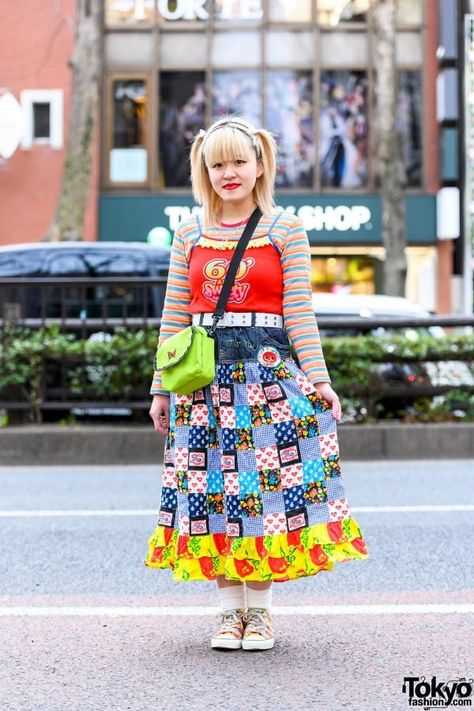 Colorful Tokyo Street Style w/ Twin Tails, Angel Blue Tank Top, Patchwork Skirt, WEGO Sling Bag & Converse Rainbow Sneakers – Tokyo Fashion Green Sling Bag, Converse Rainbow, Red Spaghetti Strap Top, Kawaii Street Fashion, Rainbow Converse, Colorful Eclectic, Japan Fashion Street, Angel Blue, Rainbow Sneakers