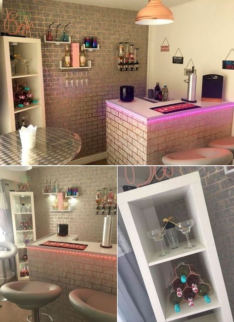 Carla Lister from Rochdale, Manchester has transformed her spare bedroom into a woman cave featuring a self-built bar. It took her a week to complete the home bar, spending about £400 ($508) on all the transformation and the liquor stock. Woman Lounge Room, Women Cave Ideas Basements, Womens Cave Room Ideas, Womens Room Lady Cave, Babe Cave Dream Rooms, Lady Lounge Woman Cave, Woman Cave Diva Den, Chill Room Ideas Lounges, Hangout Room Ideas Woman Cave