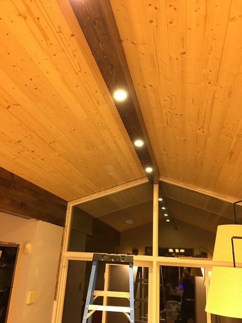 Fake Beam, Beam Lights, Garage Ceiling, Lamp Wire, Recessed Lights, Faux Beams, Dark Walnut Stain, Wooden Beams, Room Lighting