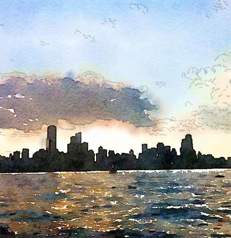 Chicago Skyline Art, Chicago Painting, Skyline Drawing, Night Skyline, City Skyline Art, Skyline Painting, Watercolor City, Watercolor Water, Chicago Art