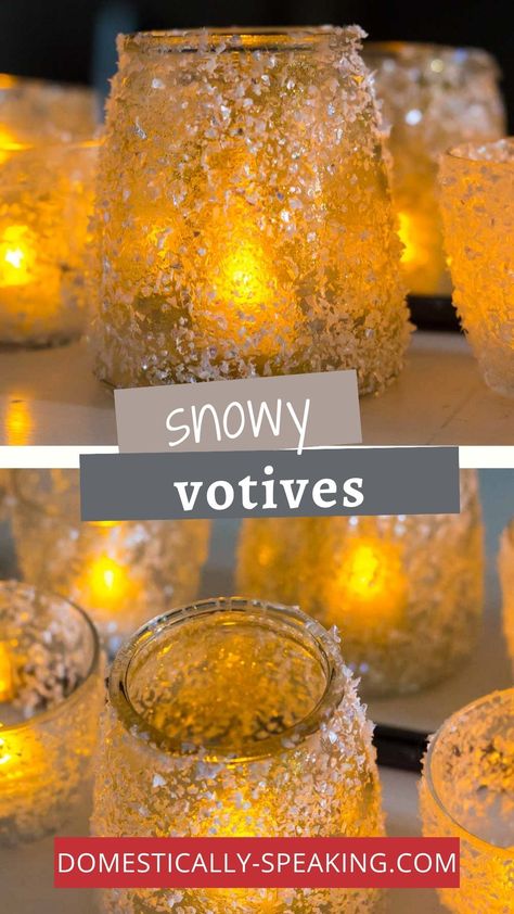 How to Make Snowy Votives Votive Candle Holders Diy, Luminary Diy, Christmas Decorations Centerpiece, Sparkling Christmas, Candle Luminaries, Diy Christmas Ornaments Easy, Diy Glass Bottle Crafts, Christmas Ornament Wreath, Diy Christmas Decorations Easy