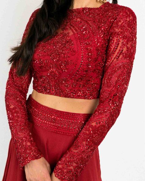 Red Lehenga Color Combos, Red Colour Blouse Designs, Beaded Lehenga, Dress Stitching Pattern, Full Sleeves Blouse Designs, Red Lehenga Choli, Indian Bridesmaid Dresses, Sangeet Outfit, Crop Top Lehenga