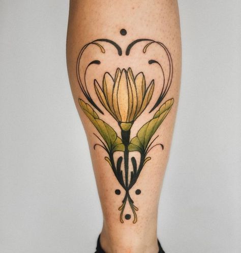 Water Lily Tattoos, Art Deco Tattoo, Art Nouveau Tattoo, Nouveau Tattoo, Bone Tattoos, Poppy Art, Lily Tattoo, Knee Tattoo, Spine Tattoos