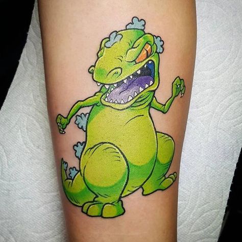 Reptar Tattoo, Nickelodeon Tattoos, Nostalgia Tattoo, Snow Tattoo, Tattoo Sheets, 90s Tattoos, Dinosaur Tattoos, Knuckle Tattoos, Theme Tattoo