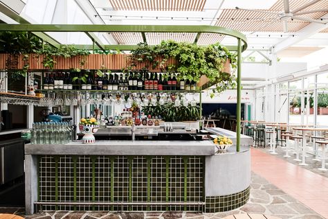 Concrete Bar, Mall Kiosk, Timber Battens, Palm Springs Style, Timber Ceiling, Pop Up Bar, Kiosk Design, Interior Design Photography, Mid Century Architecture