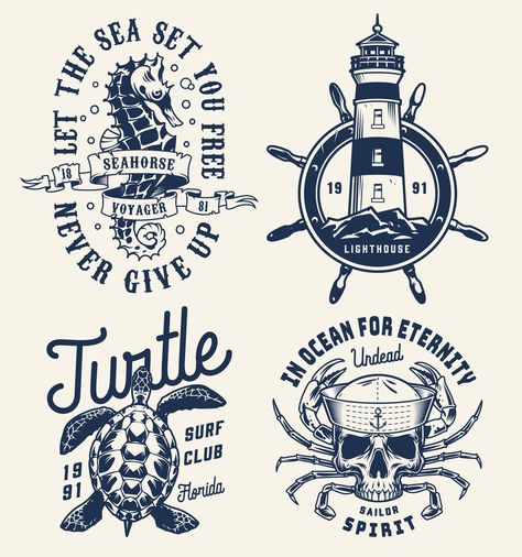 Monochrome nautical logo designs with a sea horse, lighthouse and a helm, a turtle and a skull crab on a white background. 24 nautical logo templates is a great product with 100% vector illustrations of a high quality! Ready to be printes. Look more on our website. #nautical #marine #logotemplates #logo #vectorillustration Diving Logo, Coastal Creations, Nautical Logo, Book Advertising, Nautical Crafts, Marine Theme, Ship Logo, Nautical Design, Sea Horse