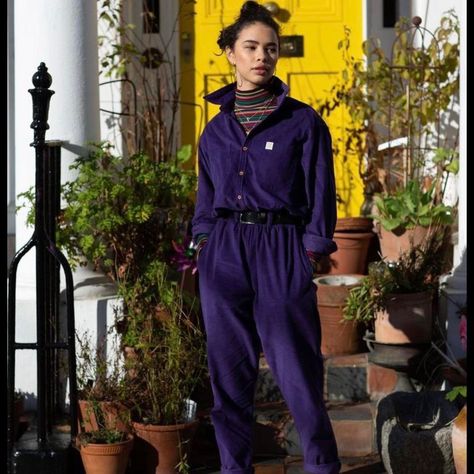 Vintage Dark Wash Straight Leg Denim Jumpsuit, Purple Utility Jumpsuit, Corduroy Boilersuit, 90s Blue Cotton Denim Jumpsuit, Dark Wash Non-stretch Denim Jumpsuit, Corduroy Jumpsuit, Purple Jumpsuit, Lucy And Yak, Boiler Suit