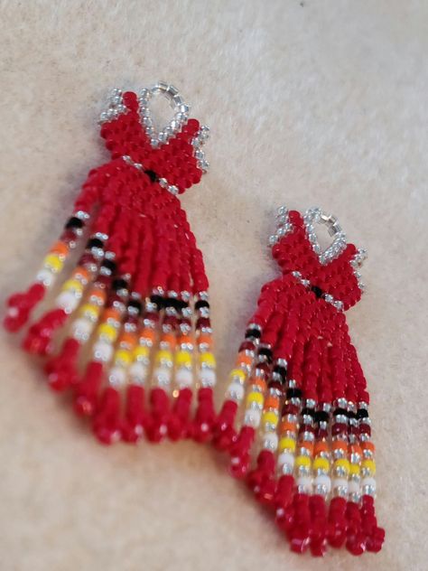 Red Dress Beaded Earrings, Red Dress Earrings, Beaded Red Dress, Red Beaded Dress, Red Dress Day, Native Women, Dress Earrings, Ribbon Skirt, Bead Loom Designs