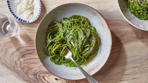 Kale Pesto With Pasta Recipe | Bon Appetit Green Noodles, Wheat Pasta Recipes, Roasted Grape Tomatoes, Raw Pistachios, Spinach Pesto, Green Pasta, How To Cook Kale, Kale Pesto, Wheat Pasta