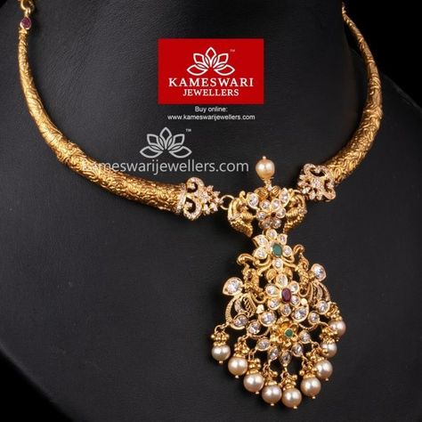 Kameswari Jewellers, Necklaces Ideas, Gold Jewelry Simple Necklace, Antique Jewelry Indian, Gold Pendant Jewelry, Wedding Jewellery Collection, Antique Gold Jewelry, Pearl Jewelry Necklace, Gold Jewelry Simple