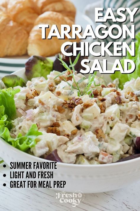 Bowl filled with tarragon chicken salad. Chicken Tarragon Salad, Chicken Salad With Tarragon, Savory Chicken Salad, Apple Pecan Chicken Salad, Sock Party, Creamy Chicken Salad, Tarragon Recipes, Best Ever Chicken, Tarragon Chicken Salad