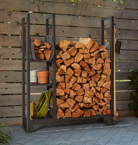 Indoor/Outdoor Tall Firewood Holder with Storage Rack | Rejuvenation Canvas Log Carrier, Steele Canvas, Firewood Storage Indoor, Firewood Storage Outdoor, Outdoor Firewood Rack, Pallet Furniture Ideas, Log Carrier, Industrial Lighting Design, Firewood Holder