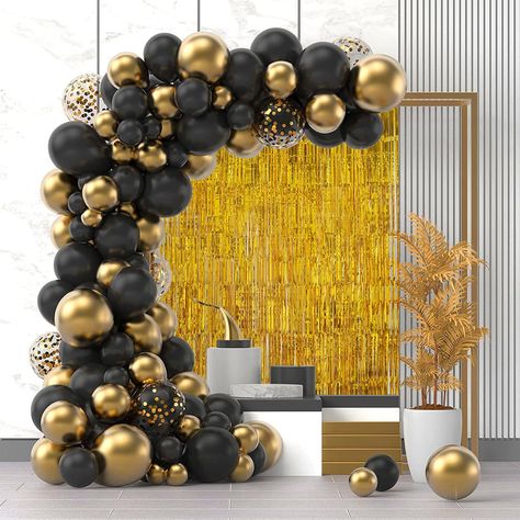 PRICES MAY VARY. Latex ❤ Black Gold Balloon Kit: 4 pcs 18 in black balloon, 2 pcs 18 in gold balloon, 20 pcs 10 in gold/black balloons, 30pcs 5 in gold/black balloon, 15pcs 12in Sequin Balloons, 2 pcs Golden Rain Curtains, 1 pcs Golden ribbon, 1×Balloon Chain, 1×Balloon Glue Point ❤ Party Decoration Helper: Our metallic balloons birthday party black gold decorations can make you look very professional, and the one-stop packaging allows you to easily build beautiful scenes without having to worry Golden And Black Balloon Decoration, Classy Balloon Arch, Black And Gold 50th Birthday Decor, Black And Gold Balloon Arch, Background For Christmas, Gold Balloon Arch, Black And Gold Party Decorations, Balloon Arch Decorations, Balloon Curtains