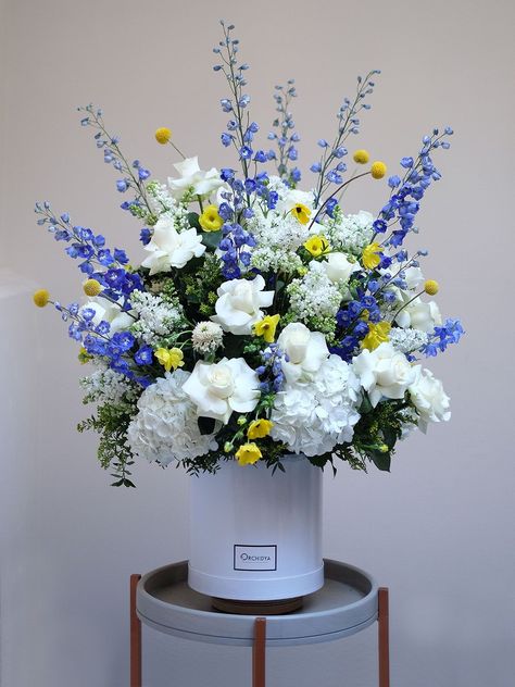 Yellow Flower Arrangements, Blue Flower Arrangements, Tall Floral Arrangements, Blue Flower Vase, Delphinium Flowers, White Flower Arrangements, Hydrangea Arrangements, Blue Delphinium, White Hydrangeas