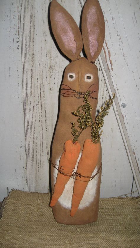 Primitive Stumpy Bunny with Carrots Easter by YorkiesPrimitives, $25.00 Primitive Spring, Primitive Rabbit, Easter Craft Decorations, Bunny Bunny, Rabbit Easter, Easter Season, White Bunny, Primitive Crafts, Primitive Dolls