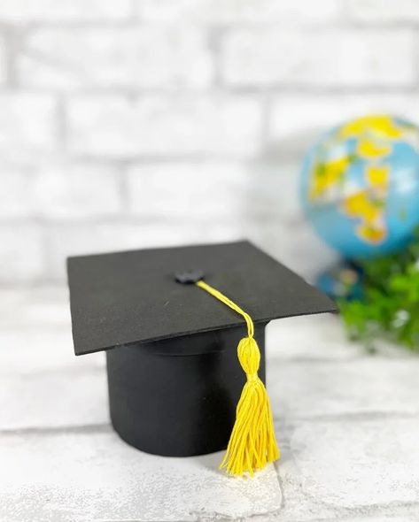 Graduation Cap Gift Box Dollar Tree DIY Yellow Graduation Cap, Graduation Cap Decor, Terra Cotta Clay Pots, Diy Graduation Cap, Craft Clay, Felt Squares, Terracotta Flower Pots, Tree Craft, Graduation Caps