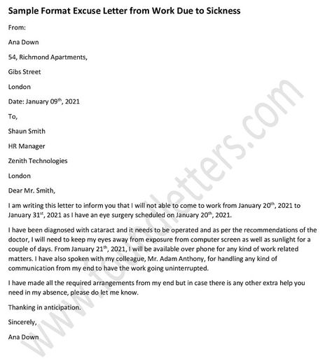 Sample Format for Excuse Letter from Work Due to Sickness Excuse Letter For Being Sick, Absent Letter, Excuse Letter, Off Sick, Business Letter Format, Reason For Leaving, Surgery Doctor, Corporate Baddie, Sick Leave