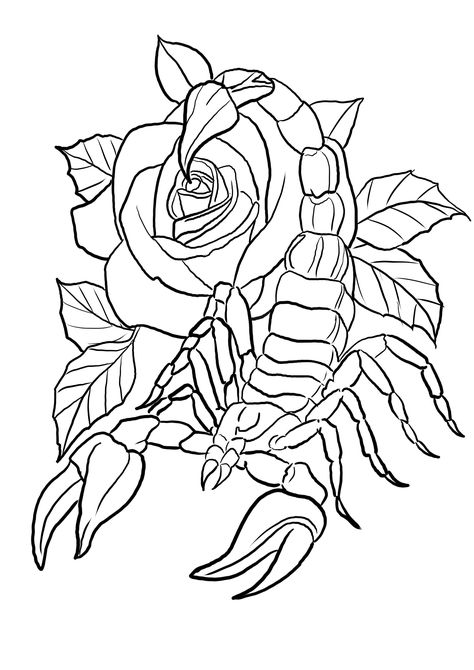 Scorpion Rose Tattoo Design, Scorpion And Rose Tattoo Design, Scorpio Coloring Pages, Scorpion Rose Tattoo, Tattoo Stencils Outline For Women, Scorpion Artwork, Tattoo Stencils Outline, Scorpion Art, Arm Tattoos Lettering