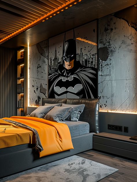 Transform your space with these fantastic Batman themed bedroom ideas, ideal for kids, boys, and adults. Incorporate black bedroom designs and Gotham City elements for a modern bedroom look. Add Batman room decor like black bed frames, Batmobile touches, and Batman bookshelves to create a superhero theme bedroom. Perfect for a child's room or an adult fan's space, these DC Comics inspired designs will make any room feel like a Batcave. Batman Inspired Room, Batman Bedroom Ideas, Modern Superhero Bedroom, Batman Bookshelf, Batman Bedroom Decor, Superhero Theme Bedroom, Batman Themed Bedroom, Batman Room Decor, Batman Bedroom