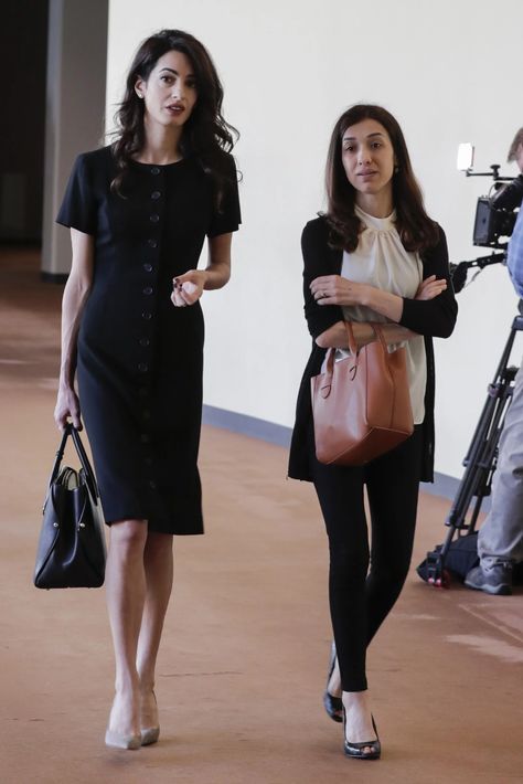 Amal Clooney Style: Look Pulled Together, No Matter Where You’re Headed | Glamour Amal Clooney Business Style, Amala Clooney Style, Amal Clooney Lawyer Aesthetic, Amal Clooney Work Outfits, Amal Clooney Aesthetic, Amal Clooney Style Work, Lawyer Chic, Power Dressing Women, Claire Underwood Style