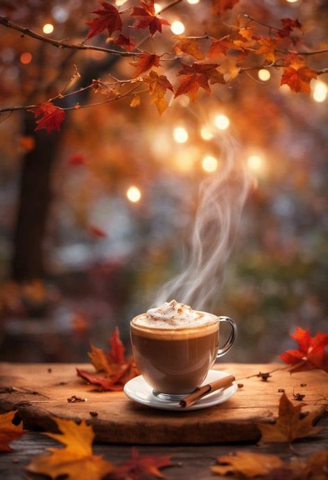 Coffee Flowers And Chocolates Seni Vintage, Morning Pics, Coffee Wallpaper, Autumn Magic, Autumn Scenes, Autumn Scenery, Autumn Coffee, Coffee Cozy, Fall Pictures