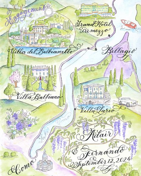 A dreamy wedding at Lake Como, Italy is introduced with this purple hued watercolor wedding map. Calligraphy is in my Gwendolyn font and the plaque is surrounded with wisteria. #luxury #luxurywedding #lakecomo #lakecomoitaly #lakecomowedding #italy #italywedding #purplewedding #weddingmap #calligraphy #pointedpen #flourish #watercolor #luxuryweddinginvitation #watercolormap #weddinginvitations #welcomebags #bellagio #bellagioitaly #bellagiowedding #comowedding #calligraphyweddinginvitations... Lake Como Map, Watercolor Wedding Map, Bellagio Italy, Wedding At Lake, Lake Como Wedding, Lake Como Italy, Calligraphy Wedding Invitation, Wedding Map, Como Italy