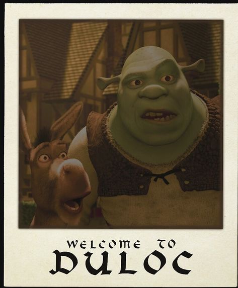 Welcome To Duloc Shrek, Duloc Shrek, Shrek Props, Shrek Art, Shrek And Donkey, Donkey Head, Swamp Party, 00s Party, Shrek Party