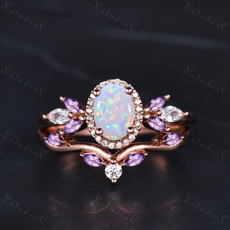 6x8mm Vintage Oval Cut Opal Cluster Engagement Ring Set Art Deco Marquise Amethyst Moissanite Bridal Set 5 Stone Ring 2pcs Promise Gift for Women Side stones: amethyst and moissanite This ring can also be made in genuine solid 10k, 14k, 18k gold or Platinum, and all the rings in my shop can be customized too! If you want to know more details about the ring, just contact with me anytime! If you want to customize the ring, just contact with me anytime! If you want to make a custom jewelry, just co Amethyst And Opal Engagement Ring, Opal And Amethyst Ring, Wedding Amethyst Ring With Marquise Cut And Accent Stones, Elegant Multi-stone Amethyst Promise Ring, Luxury Marquise-cut Amethyst Ring, 5 Stone Ring, Shiny Rings, Moissanite Bridal Sets, Future Engagement Rings