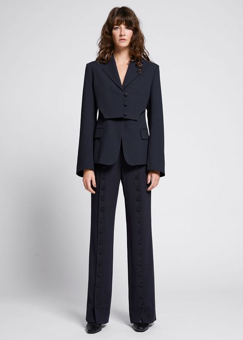 Straight Button Detail Trousers - Dark Blue - & Other Stories FR Dark Blue Women Suit, Navy Blue Suit Women's, Gold Suit, Beige Suits, Purple Suits, Navy Suit, Ball Gowns Evening, Navy Jacket, Blue Trousers