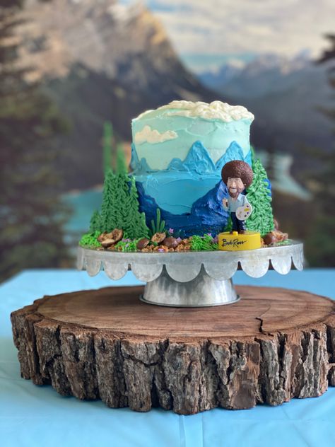 Easy bob ross cake.  Made by a regular mom. Bob Ross Cake, Bob Ross Party, Bob Ross Birthday, Artist Cake, Bob Ross Paintings, Star Wars Birthday Party, Birthday Party For Teens, Kids Party Food, 10th Birthday Parties