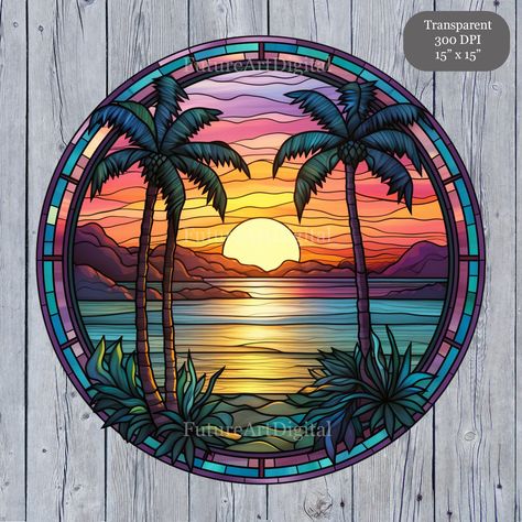 Sunset With Beach, Stained Glass Beach, Beach Clip Art, Beach Sublimation, Glass Clipart, Beach Clips, Stained Glass Wall Art, Beach Clipart, Palm Tree Sunset