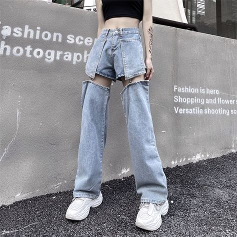 Detachable Jeans, Korean Fashion Pants, Streetwear Jeans, High Waist Wide Leg Pants, Jeans High Waist, Jean Pants, Wide Leg Pant, Denim Shorts Women, Streetwear Women