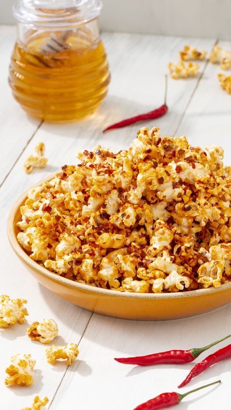 Perfectly balanced between sweet and spicy, this tasty popcorn treat will tantalize your tastebuds in the most wonderful way. Sweet And Spicy Popcorn Recipes, Savory Popcorn Recipes, Sweet And Spicy Popcorn, Spicy Popcorn Recipes, Starters Snacks, Popcorn Recipes Savory, Jalapeno Popcorn, Hot Honey Butter, Popcorn Recipes Sweet