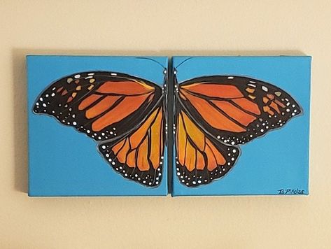 You are purchasing a set! Super unique wall art.  This is one Monarch Butterfly that is painted on two canvases.  When hung it will appear as one butterfly! Each wing is painted on a 6 x 6 canvas.   I am currently reopening my Etsy shop and will be adding more artwork each day.  Be sure to check back for other paintings and pallets!!  All pieces are original. I do custom orders and I will work with you to create a one of a kind piece sure to be a conversation piece!  Ready made items will ship i Paintings Butterflies, Monarch Butterfly Painting, Mini Canvases, Painting Butterfly, Bird Quotes, Musical Art, Butterfly Painting, Mini Canvas, Monarch Butterfly