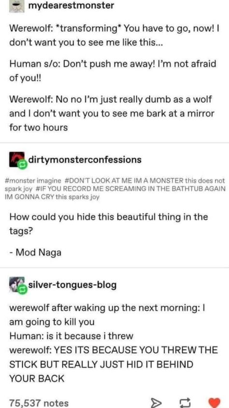 Werewolf: *transforming* You have to go, now! I don't want you to see me like this... Human Don't push me away! I'm not afraid of you!! Werewolf: No no I'm just really dumb as a wolf and I don't want you to see me bark at a mirror for two hours dirtymonsterconfessions #monster imagine #DON'T LOOK AT ME IMA MONSTER this does not spark joy #IF YOU RECORD ME SCREAMING IN THE BATHTUB AGAIN IM GONNA CRY this sparks joy How could you hide this beautiful thing in the tags? - Mod Naga silver-tongues-blo Werewolf Au, Random Tumblr, Writing Humor, Story Writing Prompts, Writing Dialogue Prompts, Writing Inspiration Prompts, Writing Dialogue, Creative Writing Prompts, Story Prompts