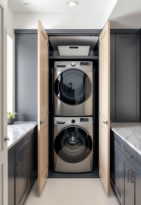 Stacked Laundry Room Ideas Enclosed Stackable Washer And Dryer, Stacked Washer Dryer In Closet, Double Stacked Washer Dryer Laundry Room, Hidden Stacked Washer And Dryer, Hidden Washer And Dryer In Kitchen, Stacking Washer And Dryer Laundry Room, Bathroom With Washer And Dryer Layout, Hidden Laundry In Kitchen, Shallow Kitchen Cabinets