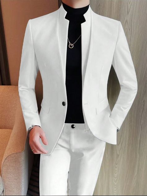 Men's Solid Color Long Sleeve Single-Breasted Jacket And Pants Business Casual Suit Set, Spring And Autumn White Work    Plain  Non-Stretch  Men Clothing, size features are:Bust: ,Length: ,Sleeve Length: White Suit Men Casual, Black And White Suit For Men, White Groomsmen Attire, White Suits For Men, Latest Suit Styles, Chinese Suit, Mens White Suit, Bartender Outfit, Pants Business Casual