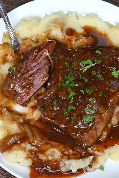 Turn up the flavor on steak night with this no-mess, no-fuss crock pot steak and gravy recipe that's succulent, tender, and swimming in a rich steak gravy. Elk Round Steak Recipes Crock Pot, Easy Flank Steak Recipes Crock Pots, Sirloin Cap Steak Recipes Crockpot, Skirt Steak Recipes Crockpot, Crockpot Steak And Gravy, Steak In Crockpot, Flank Steak Crock Pot, Crock Pot Steak, Steak And Gravy Recipe