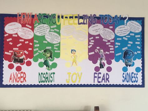 Emotions Display using Inside Out characters Elsa Classroom Display, Elsa Display Boards, Thrive Display Board, Inside Out Islands Of Personality Ideas, Zones Of Regulation Display, Library Hacks, Nursery Display Boards, Feelings Flashcards, Teacher Classroom Posters