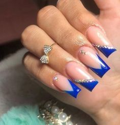 Royal Blue Nails Designs Coffin With Rhinestones, Nails Acrylic Blue Royal And White, Blue Nd White Acrylic Nails, Royal Blue Acrylic Nails Sparkle, Royal Blue Acrylic Nails With Silver, Prom Nails That Go With Blue Dress, Short Royal Blue Nails With Rhinestones, White And Royal Blue Nails Acrylic, Royal Blue With White Nails