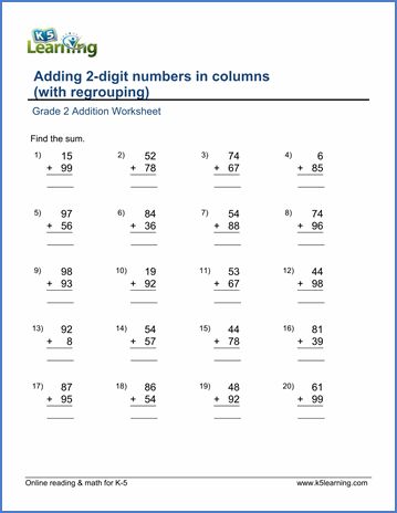 Grade 2 Addition Worksheet on adding two 2-digit numbers in columns with carrying Adding 2 Digit Numbers, Addition With Regrouping Worksheets, Column Addition, Easy Math Worksheets, Math Addition Worksheets, Worksheets For Grade 3, Three Digit Numbers, 2nd Grade Math Worksheets, Free Kindergarten Worksheets