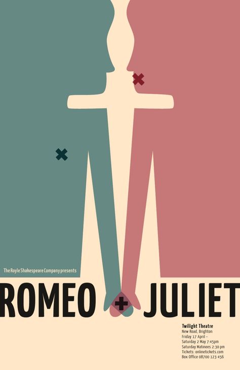 Symmetry Poster Design, Symmetrical Poster Design, Romeo And Juliet Graphic Design, Romeo And Juliet Poster Design, Shakespeare Poster Design, Play Posters Theatres, Symmetrical Poster, Romeo And Juliet Illustration, Romeo And Juliet Book Cover