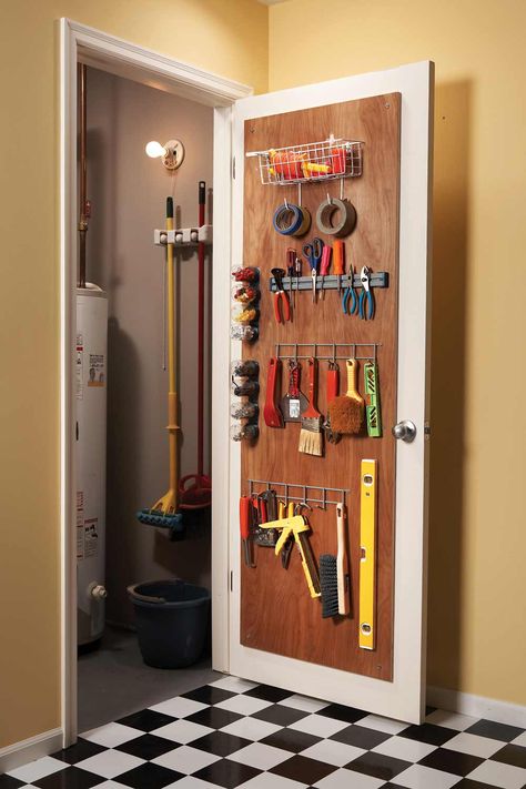 Back-of-Door Organizer: for storing tools and other clutter.  #organizing #organize #storage Cabinet Door Storage, Diy Storage Shelves, Utility Closet, Hidden Shelf, Inside Cabinets, Ideas Para Organizar, Door Organizer, Diy Casa, Hemma Diy