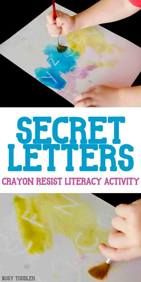 Secret Letters Activity: an awesome crayon resist literacy activity that's so much fun! A quick and easy indoor activity for toddlers and preschoolers; alphabet activity Secret Letters, Letters Activity, Vetenskapliga Experiment, Alphabet Activity, Indoor Activities For Toddlers, Preschool Literacy, Letter Activities, Toddler Snacks, Preschool Science