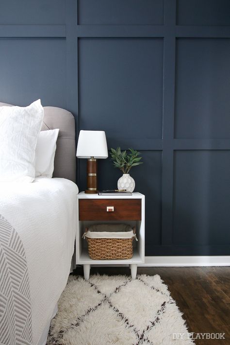 guest-bedroom-nightstand How To Style Nightstand, Home Wall Painting, White Wall Bedroom, Style Nightstand, Accent Wall Bedroom, Easy Wood, Bedroom Essentials, Bedroom Panel, Bedroom Paint Colors