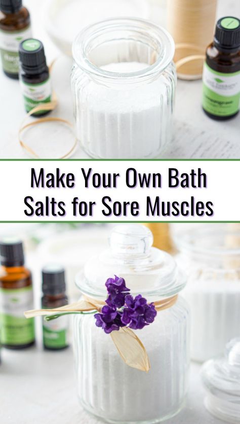 Bath Salts for Sore Muscles using Essential Oils - great gift too! Sore Muscles Bath Soak, Essential Oils Sore Muscles, Diy Bath Salts With Essential Oils, Epson Salt Bath, Muscle Relief Bath, Bath Soak Recipe, Bath Salts Recipe, Relaxing Essential Oils, Epsom Salt Bath